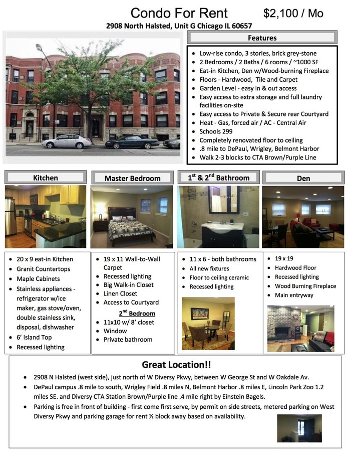 • de poca altura condominio, de 3 pisos, Grey-stone • de ladrillo 2 habitaciones /2 baños/6 habitaciones/• ~1000 ft² Eat-i - 2908 N Halsted St Unidad G Rental
