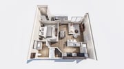 Explore this modern one-bedroom apartment featuring an open living area and a sleek kitchen design.