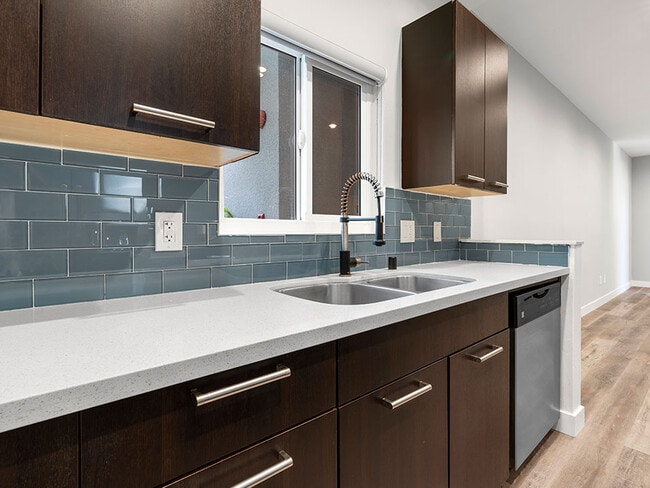 Blue tiled kitchen with stainless steel dishwasher.