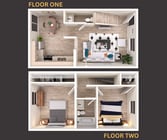 Modern two-story floor plan with open kitchen, cozy living space, and stylish dining area on the first floor; spacious bedrooms with generous closet space and a full bathroom on the second floor.