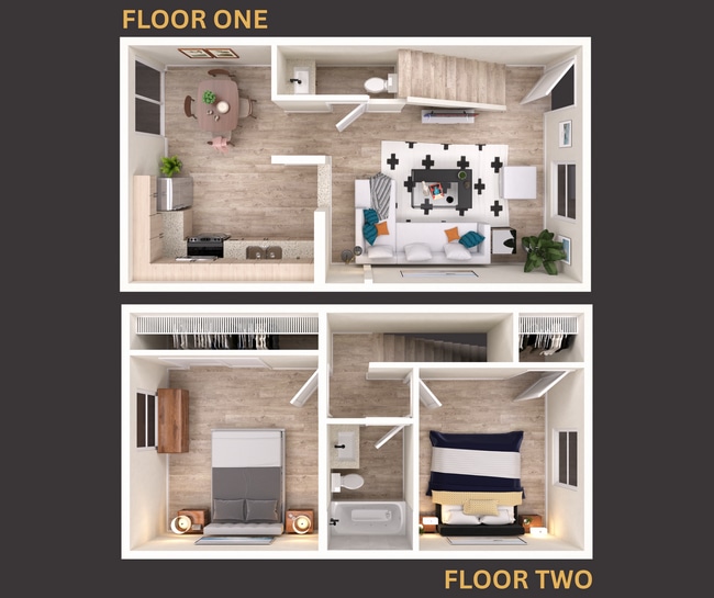 Modern two-story floor plan with open kitchen, cozy living space, and stylish dining area on the first floor; spacious bedrooms with generous closet space and a full bathroom on the second floor.