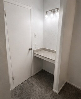 Convenient built-in vanity area with counter space and overhead lighting