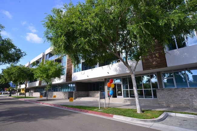Nice tree-lined sidewalk in front of 12th Street Lofts in National City, California. - 12th Street Lofts