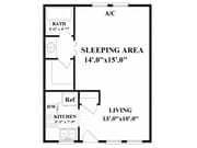 Fully Renovated Studio Floorplan with full Kitchen, open vanity and closed off water closet.