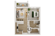 Explore este elegante apartamento de 1 dormitorio con un diseño de concepto abierto y una serena vista desde el balcón.