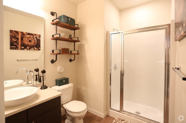 Well lit bathroom with easy to excess stoarge