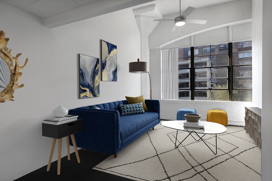 Factory Windows Living Room Blue Couch