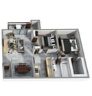 Two-Bedroom, One-Bathroom 3D Furnished Floor Plan Rendering