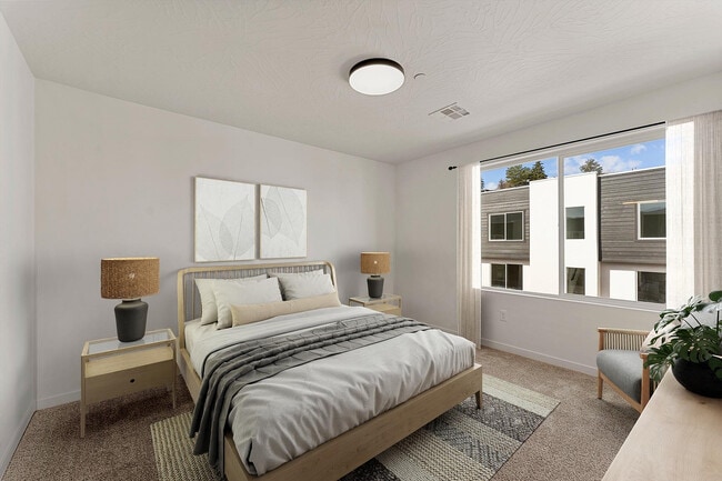 Bright, modern bedroom with elegant neutral tones, large window, and stylish decor for a serene retreat.