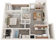 One Bedroom, One Bathroom, 667 sqft, Full-size Washer/Dryer Connections, Patio/Balcony w/Storage, Walk-in Closet, Fireplace in select units