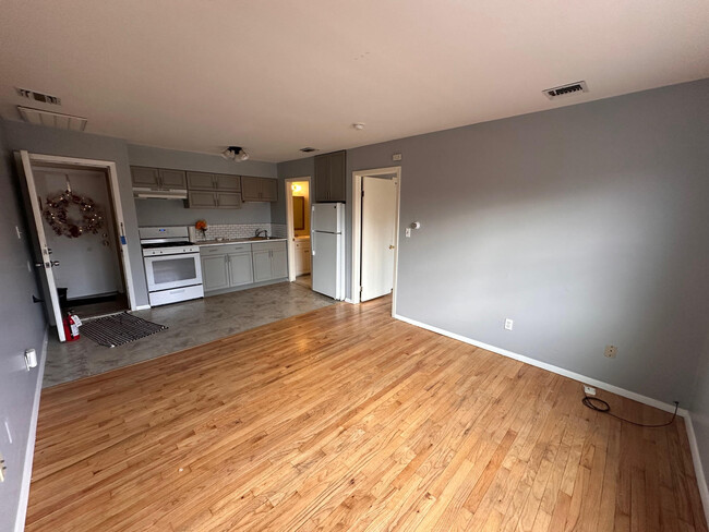 Main Room, standing in living area facing the kitcehn, bathroom and bedroom entrances. - 258 S Main St Unit Apt D