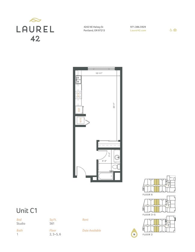 Studio 1 bath 561 sq. ft. C1 Laurel42_MarketingFloorPlans_C1