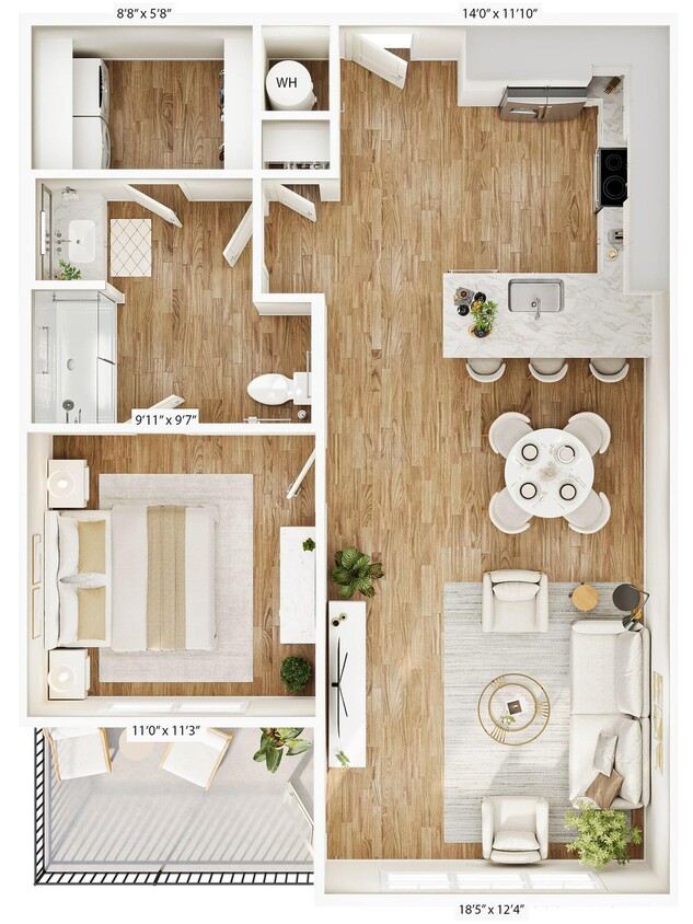Explore this cozy apartment design with a spacious living area and modern kitchen layout. - A2