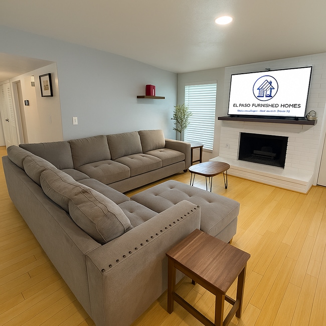 Bright and cozy living room with oversized sofa and 58” 4K Smart TV.