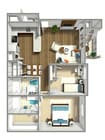 Elegant 3D floor plan featuring 2 bedrooms, a spacious living area, and modern kitchen layout.