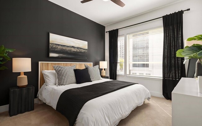 Modern Bedroom Featuring Statement Wallpaper and Generous Windows