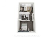 Studio apartment home. Located on the top- 5th floor, has vaulted ceilings and extra windows. Bedroom and kitchen/living space are seperated by a hallway and bathroom. Tons of kitchen cabinet space and large bathroom. 380 sqft. (does not have a dishwasher, will utilize on site laundry facility locat