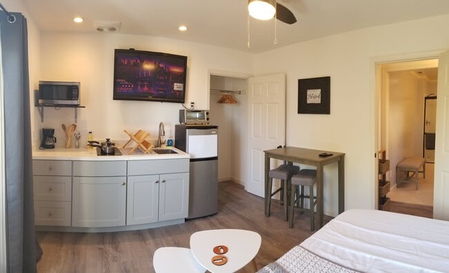 Hanging closet. TV with Roku comes with unit.
