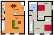 Plano de planta de 2 habitaciones y 2 baños
