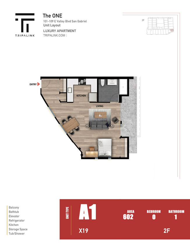 Floor Plan - Studio - 602 sqft
