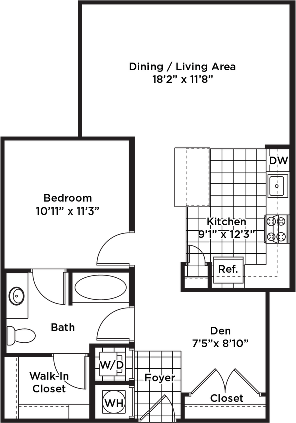Floor Plan - 1 Bedroom 1 Bath + Den - AD6 Affordable 80%
