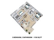 3 Bedroom, 2 Bathroom - 1150 Square Feet