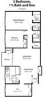 2 habitaciones, 1 baño y medio y sala de estar