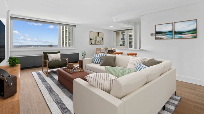 Living Room with Hard Surface Flooring - The Towers at Longfellow