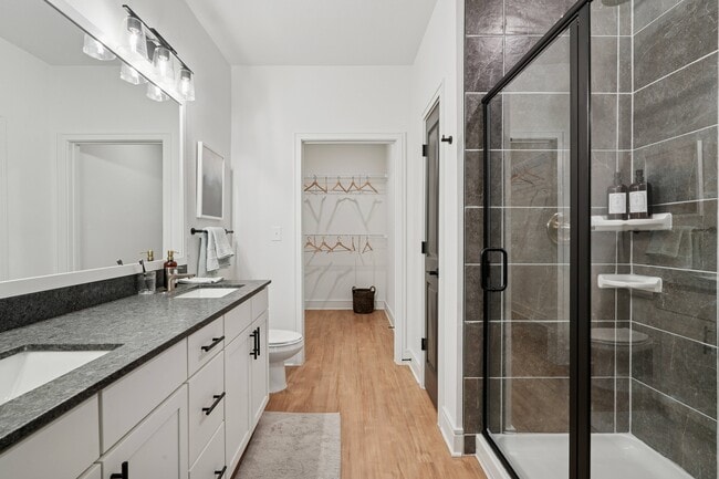 Bathroom with Granite Countertops, Double Vanity Sinks, Walk-in Shower, and Walk-in Closet - Linz Charlotte
