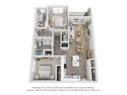 Explore the elegant design of this two-bedroom apartment with an open-concept floor plan.