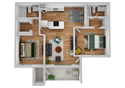 3D Furnished Two-Bedroom, Two-Bathroom Floor Plan