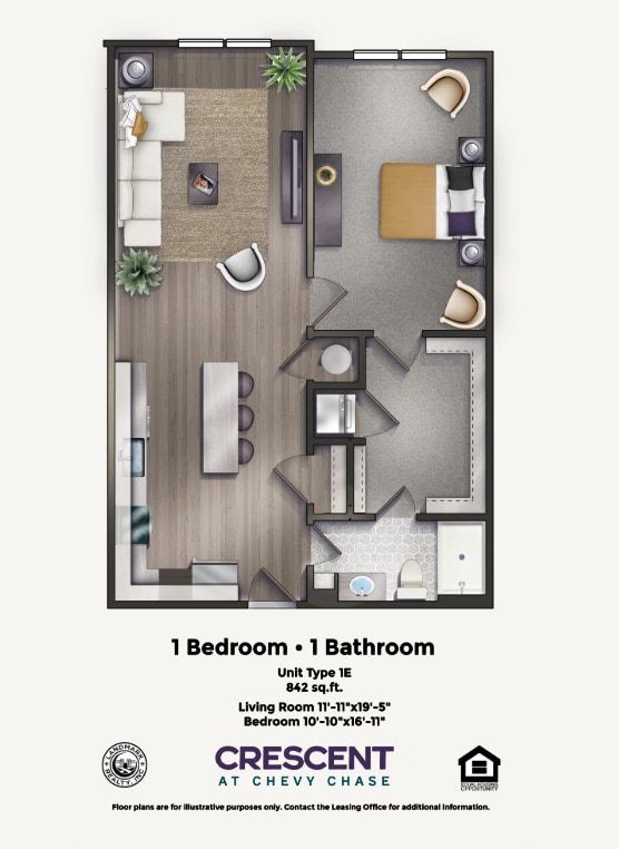 Floor Plan - One Bedroom/One Bathroom, Rear Facing (1E)
