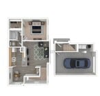 Explore the efficient layout of this contemporary one-bedroom apartment with an attached garage.