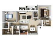 Two Bedrooms, Two Bathrooms, 960 sqft, Laundry Room with Full-Size Washer/Dryer, Kitchen opens to Living Area, Two Walk-in Closets, Patio/Balcony, Fireplace in Selected Units