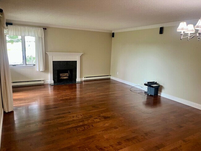 Living room with fireplace and hard wood floors