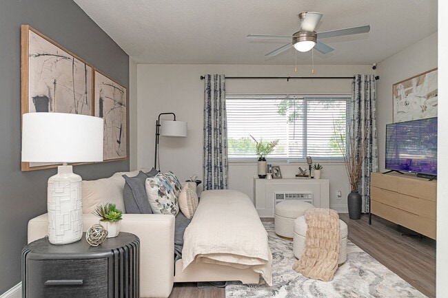 Spacious open living & sleeping area with hardwood-style flooring & ceiling fan
