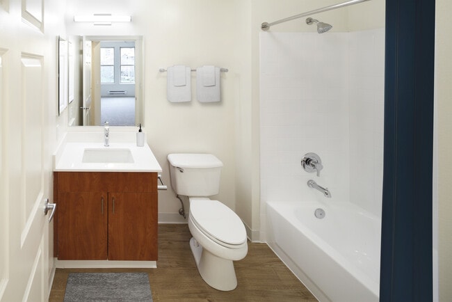 Renovated Package I bath with white quartz countertops, oak cabinetry, and hard surface flooring - Avalon Bellevue