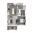 The Oak floor plan is a 1-bedroom, 1-bathroom apartment in Bloomington, Indiana.
