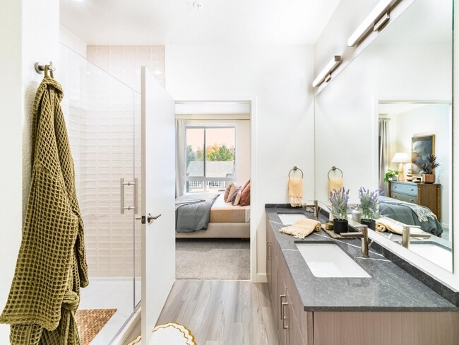A refined primary bath at Modera University Park, featuring clean lines, modern finishes, and a layout designed for everyday ease.