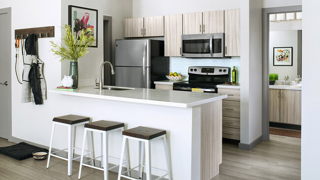 Apartment Kitchen with Stainless Steel Appliances, quartz counters and wood-like floors. - Griffis Belleview Station Apartments