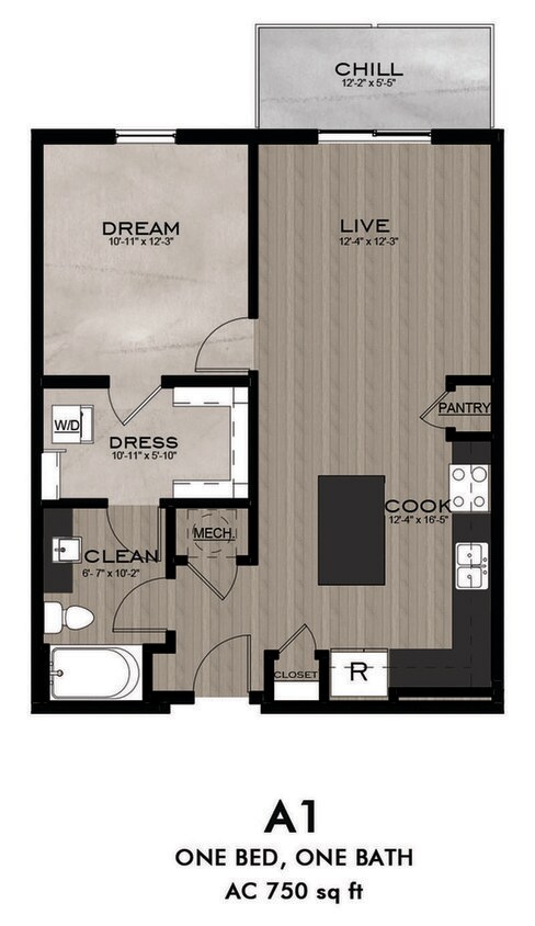 1 Bedroom 1 Bathroom floor plan - A1