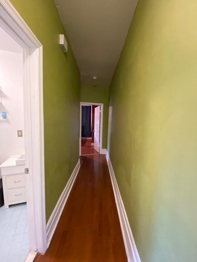Hallway to bathroom and bedroom with storage closet