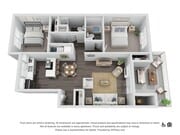 Contemporary 3D floor plan showcasing 2 spacious bedrooms, elegant open-concept living and dining area, modern kitchen, and inviting balcony for relaxation.