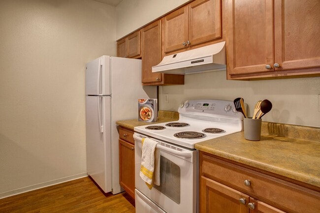 Oven, stove, and refrigerator surounded by beautiful cabinetry - St. James Tower