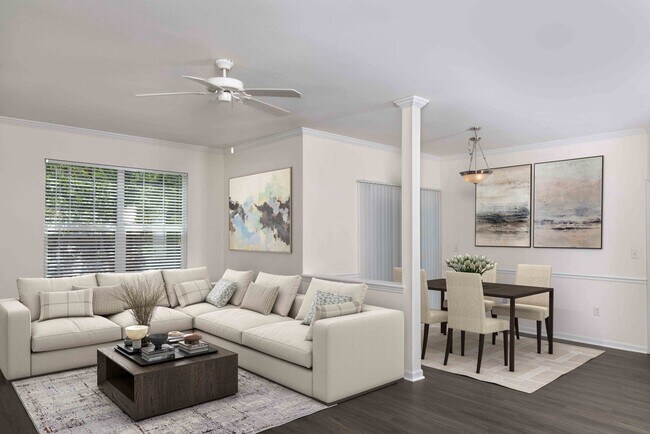 Open concept living space and dining area