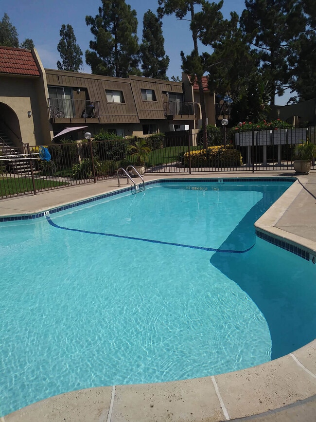Large crystal clear swimming pool at Teton Pines Apartments in Escondido, California.