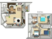 Detailed 3D floor plan showcasing two levels with a modern kitchen, open living area, and three bedrooms.