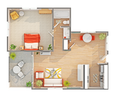 1BR x 1BA with North or South View Floorplan