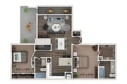 Plano de planta de dos dormitorios y dos baños con conexiones para lavadora y secadora de tamaño estándar. Las casas de la planta baja ofrecen pisos estilo tablón de madera en todas partes. Las casas del segundo piso ofrecen alfombras en los dormitorios y los armarios.