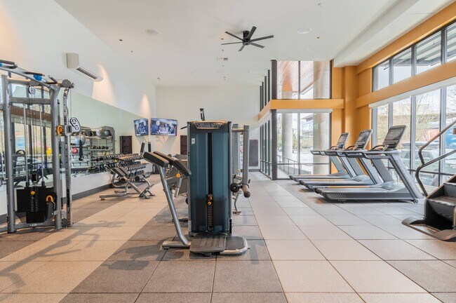 Cardio and weight stations in the club-quality fitness center